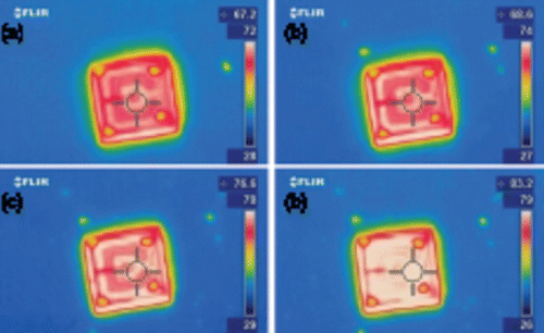 Figure 6. FLIR image of sample C at (a) initial, (b) 100 h, (c) 200 h, and (d) 500 h.