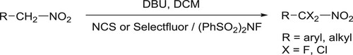 Scheme 32. Synthesis of di α-halogenation of nitromethyl group attached to an aryl/alkyl compounds.