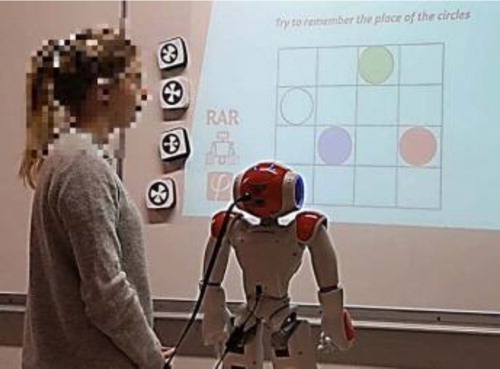 Figure 1. Setup of the exercise. The patient has to correctly put the NaoMarks on a grid based on a color system with the help of NAO.