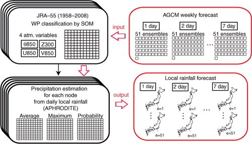 Fig. 2 Schematic diagram of the SOM-based downscaling method. The five different SOM classifications of the WP are based on the normalised anomalies of four atmospheric variables for June–July and August–September during 1958–2009 (top left). Based on the SOM lattices, the precipitation PDF patterns are estimated for each node (bottom left). By using the SOM lattice, the downscaled precipitation is obtained (bottom right) from the 51 daily members of the EPS produced for 7 d (top right).