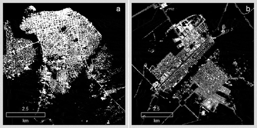 Figure 6. Impervious surface images in Santarém (a) and Lucas (b), which were developed from Landsat TM images using the fraction-based method.