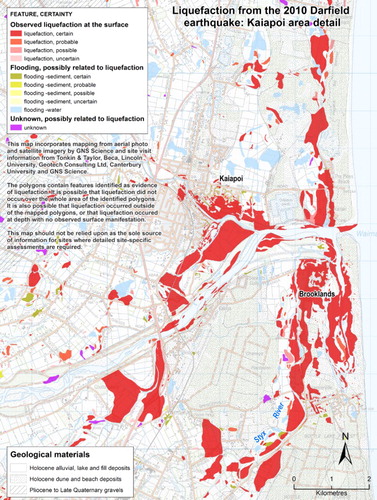 Figure 10. Detailed example of liquefaction mapping in the Kaiapoi area for the September 2010 Darfield earthquake. This map does not display liquefaction mapped by Tonkin & Taylor – see text for details. Note the distribution of observed liquefaction along abandoned river channels and in swampy ground near the coast. See Figure 9 for location. Background map is LINZ Topo50. This figure includes data extracted from the Canterbury Geotechnical Database (https://canterburygeotechnicaldatabase.projectorbit.com/), which were prepared and/or compiled for the Earthquake Commission (EQC) to assist in assessing insurance claims made under the Earthquake Commission Act 1993 and/or for the Canterbury Earthquake Recovery Authority (CERA). The source maps and data were not intended for any other purpose. EQC, CERA, their data suppliers and their engineers, Tonkin & Taylor, have no liability for any use of the maps and data or for the consequences of any person relying on them in any way.