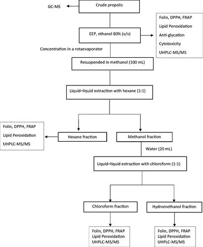 Figure 1. Simplified flow chart of the experiment performed with the two samples of propolis (EEPA and EEPB).