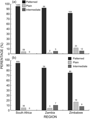 Figure 3. Percentages of occurrence records for the three Dasypeltis scabra colour morphs from South Africa, Zimbabwe, and Zambia based on (a) our full dataset data, and (b) our spatially-thinned dataset. Values above each bar represent sample sizes of snake observations.