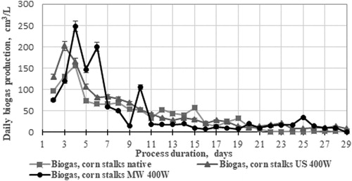 Figure 2. Biogas/methane yields obtained daily during biodegradation of pre-treated maize stalks compared to native ones.