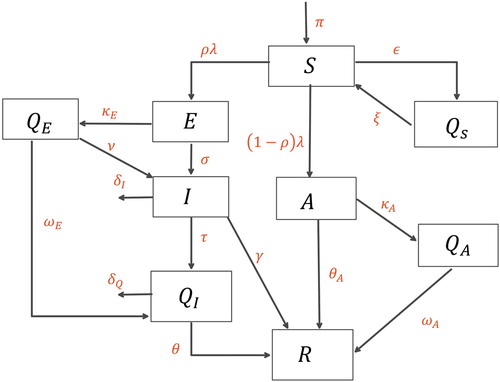 Figure 1. Schematic diagram of the model (Equation2(2) dSdt=Π+ξQS−(λ+μ+ϵ)SdQSdt=ϵS−(ξ+μ)QSdEdt=ρλS−(κE+σ+μ)EdQEdt=κEE−(ωE+ν+μ)QEdIdt=σE+νQE−(δI+τ+μ+γ)IdAdt=(1−ρ)λS−(κA+θA+μ)AdQAdt=κAA−(ωA+μ)QAdQIdt=τI+ωEQE−(θ+δQ+μ)QIdRdt=θQI+γI+θAA+ωAQA−μR(2) ).