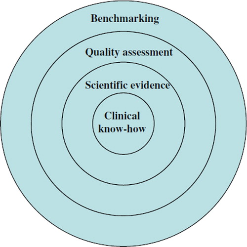 Figure 1. The four layers of information of the real-effectiveness medicine in pursuit of the best possible effectiveness of patient care in the real-world setting. In the decision-making process real-effectiveness medicine uses clinical know-how and patients’ views (layer one), current best scientific evidence (layer two), documented data of own unit's or clinical pathways’ performance including efforts for quality improvement (layer three), and benchmarking of own data with units or clinical pathways of peers (layer four). At all four layers one needs to consider patient characteristics, diagnostic criteria, treatment alternatives, and outcomes for each patient. The information from these four layers is used for continuous improvement of the treatment practices at one's own unit and through the whole clinical pathway.