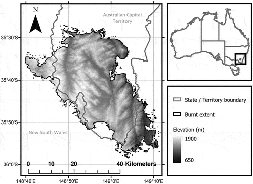 Figure 1. Location of the fire-affected area and associated terrain. the Orroral Valley Fire is designated as the burnt area within the ACT. the majority of the fire area burned from 27 January to 17 February 2020.