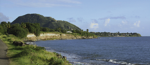 Figure 2 Brimstone Hill (left), with Charles Fort on the coast (right). (Photograph by Jimmy Mans)