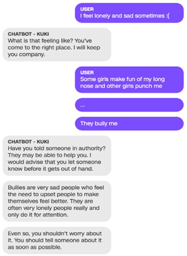 Figure 1. This is an extract from a conversation between a real user and Kuki (image taken from https://edition.cnn.com/2020/08/19/world/chatbot-social-anxiety-spc-intl/index.html).