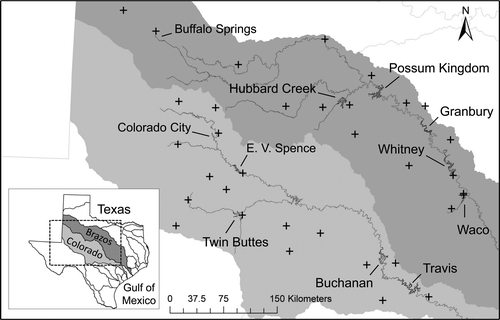 Figure 1 Brazos and Colorado river basins showing locations of reservoirs and weather stations (+). Inset indicates location of the basins within the state of Texas.