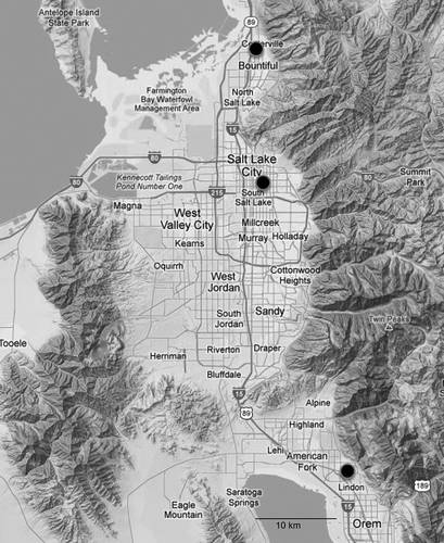 Figure 1. Locations of the three sampling stations along the Wasatch Front.