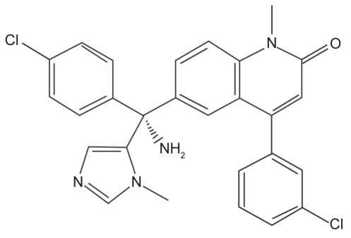 Figure 1 Structure of tipifarnib: R115777(R)-6-amino[(4-chlorophenyl)(1-methyl-1H-imidazol-5-yl)methyl]-4-(3-chlorophenyl)-1-methyl-2(1H)-quinolone. Tipifarnib is a farnesyltransferase inhibitor developed by Johnson & Johnson Pharmaceutical Research and Development LLC. It is a nonpeptidomimetic oral quinolone analog of imidazole-containing heterocyclic compounds. It competitively inhibits the CAAX binding site of farnesyl transferase. The imidazole group is the central pharmacophore and the imidazole may interact with the coordination structure of the zinc catalytic site.