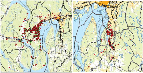 Figure 2. The residential locations for users of Asker P&R (left) and Rosenholm P&R (right). The circles indicate distance from the station in one kilometre intervals. Coloured dots indicate home addresses of car owners using the P&R, and green dots indicate cars with children’s seat installed