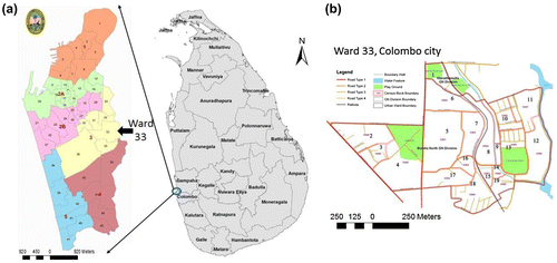 Figure 1 Study site (ward 33). (a) Map of administrative districts of Colombo Municipal Council (source: GIS unit of the ID Centre, Colombo Municipal Council (CMC)). (b) Detail of survey area.