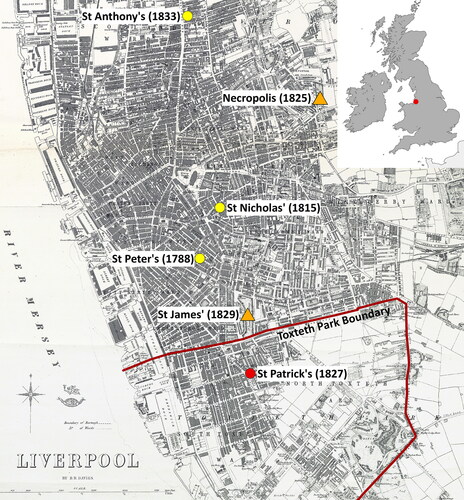 FIG. 1 Liverpool map indicating possible burial options for Roman Catholics that were within the city (image by A. Fairley Nielsson on 1860 weekly dispatch atlas base map courtesy of historic-liverpool.co.uk).