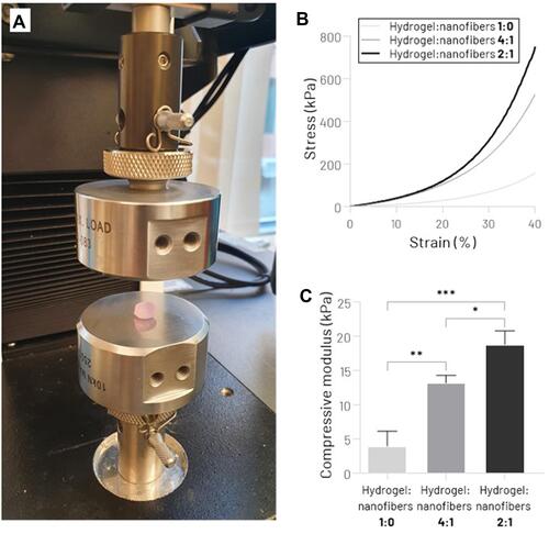 Figure 4 Mechanical assessment of hydrogel:nanofibers scaffolds. (A) Unconfined Compression Testing System. (B) Stress−strain curve. (C) Compressive Young’s modulus (*p < 0.05, **p < 0.01, ***p < 0.001).