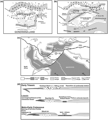 Figure 10. Sketches showing the distribution of the inferred Palaeo- and Neotethyan oceanic branches and terranes during the Triassic in SE Europe and NW Turkey. (a) (Permo-Triassic) and (b) (Early Jurassic): after Şengör and Yılmaz (Citation1981) and Şengör et al. (Citation1984), (c) Carnian paleogeography after Moix et al. (Citation2008). (d) Early Triassic-Early Cretaceous after Göncüoğlu et al. (Citation2000).