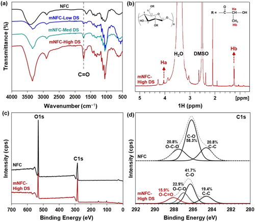 Figure 3. Chemical structure analysis: NFC and mNFC with different DS levels (mNFC-Low DS, mNFC-Med DS, and mNFC-High DS) via; (a) FTIR, (b) 1H liquid-state NMR, and (c-d) XPS spectra.