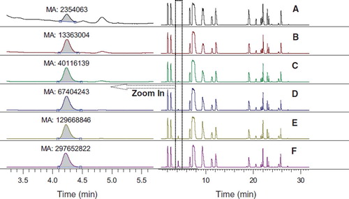 Figure 3. Chromatograms of hydroxyproline derivatives from blood/gelatin mixtures. Blood/gelatin ratio: A: 100:0; B: 100:2; C: 100:10; D: 100:20; E: 100:50; F: 100:100.