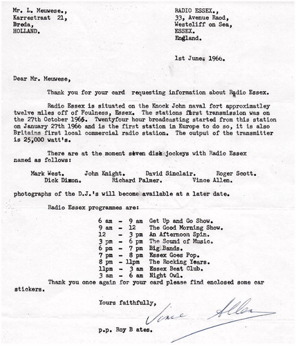 Roy Bates, Letter to L. Meuwese, June 1, 1966. Source: The Pirate Radio Hall of Fame/public domain.