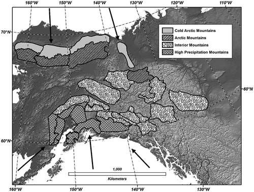 Figure 1. Mountain areas classified into four regions. Black arrows represent dominant storm tracks from Arctic and Pacific Oceans.