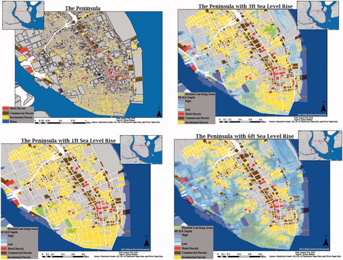 Figure 1. Charleston peninsula and sea level rise. Maps: Justice Walker, 2019.