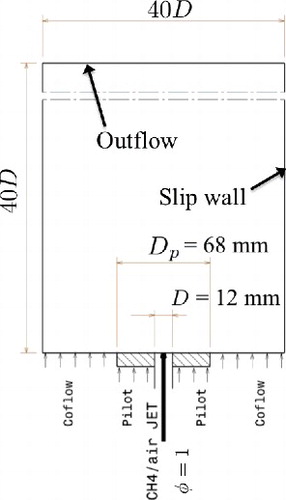 Figure 5. A schematic of the computational setup for the piloted stoichiometric methane–air Bunsen flames of Chen et al. [Citation63].