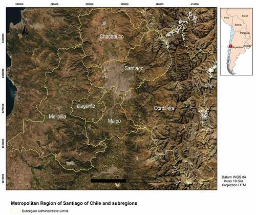 Figure 1. Metropolitan Region of Santiago of Chile and their 6 subregions. Source: Own production based on imagery Landsat /Copernicus Images from Google Earth Pro(Google, Citation2021).