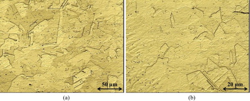 Figure 2. Light optical micrograph of AISI 316 austenitic stainless steel base metal in two different magnifications: (a) 50 µm and (b) 20 µm.