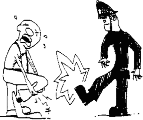 Figure 1. Experimental stimulus example. The picture can be described as (e.g.) the policeman is kicking the clown or the clown is being kicked by the policeman.