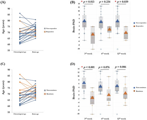 Figure 3. The differences of brain age models in responders and remitters in active rTMS group. At 3rd week, the individual differences between chronological age and brain age were found in the responders (A) and remitters (C). Significant lower CT-based brain-PAD scores were found in the responders in active rTMS group at the 3rd week (p = .013) and 12th week (p = .039) (B). Significant lower CT-based brain-PAD scores were found in the remitters in active rTMS group at 3rd week (p < .001).