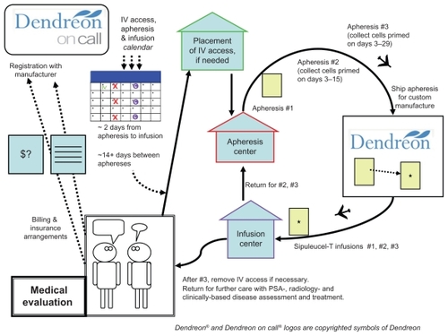 Figure 1 Diagram of the treatment process. Starting in the lower left, is a patient consultation and medical evaluation. Continuing (upwards), registration with the Dendreon On Call program and defining practical third party payer issues. A treatment calender with line-placement (if needed), and three apheresis dates, each followed by infusion dates is developed. From there, the patient has a line placement (if needed), then 3 cycles of apheresis and infusion (illustrated by the clockwise arrows on the right). After the third infusion, the patient returns for consultation and further disease management.