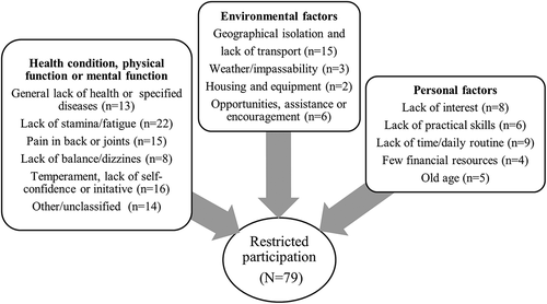 Figure 3. Most commonly mentioned barriers to participation in the total sample (N = 129). The number of participants stating a given barrier is shown in parentheses