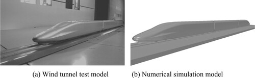 Figure 3. Models of high-speed train. (a) Wind tunnel test model (b) Numerical simulation model.