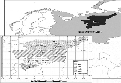 Figure 2. Komi Republic in the Russian Federation. Cutaway: administrative districts by zones. Southern zone: 1, Priluzskiy (S1); 2, Koigorodskiy (S2). Central zone: 3, Sysolskiy (C3); 4, Syktyvdinskiy + Syktyvkar city (C4); 5, Korterosskiy (C5); 6, Ust-Kulomskiy (C6); 7, Ust-Vymskiy (C7). Northern zone: 8, Udorskiy (N8); 9, Knyajpogostskiy (N9); 10, Ukhtinskiy (N10); 11, Sosnogorskiy (N11); 12, Troitsko-Pechorskiy (N12); 13, Vuktylskiy (N13). Polar zone: 14, Ust-Tsilemskiy (P14); 15, Ijemskiy (P15); 16, Pechorskiy (P16); 17, Usinskiy (P17); 18, Intinskiy (P18); 19, Vorkutinskiy (P19).