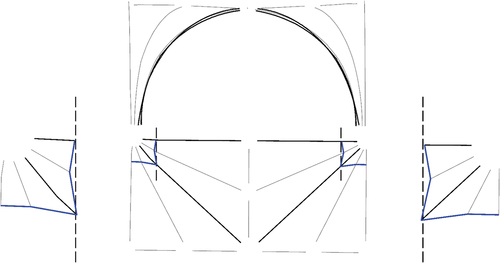 Figure 19. Half plan (bay 8, run three) showing a dashed line connecting the transverse and diagonal ribs, with close alignment of these ribs shown in black in the elevation.