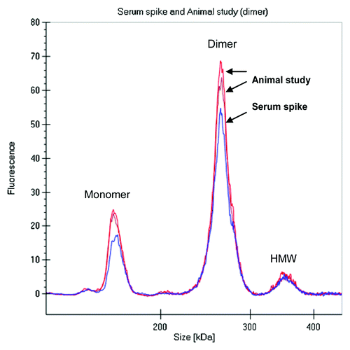 Figure 8. Electropherogram of labeled dimer analyzed after spiking into serum and after recovery from animal (3 d) revealed similar profile.