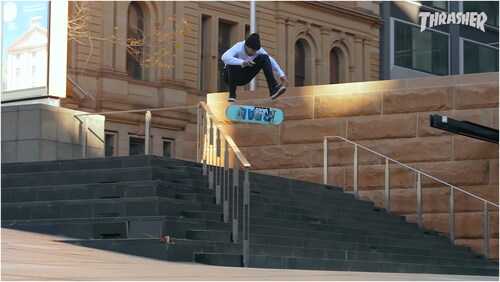 Figure 1. Chima skating the front steps of the Museum of Sydney in Vans Skateboarding’s Nice to See You (Hunt Citation2021a). Screenshot from Thrasher Magazine. Used with permission.