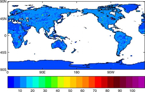 Fig. 1 Lake-depth (m) for climate testing, generated using FLake software and then bounded between 5 m and 100 m.