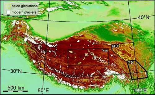 Figure 1. Detailed glacial landform maps covering large regions (>105 km2 ) of the Tibetan Plateau. Paleoglaciological reconstructions (shown in yellow) are the minimum extents of maximum glaciation proposed by CitationMorén et al. (2011) for Tanggula Shan (TS) and CitationHeyman et al. (2009) for Bayan Har Shan (BHS) of the central and northeastern Tibetan Plateau, respectively. Modern glacier extent (white) is derived from GLIMS (http://www.glims.org). The map presented in this study covers the Shaluli Shan (SS) on the southeastern margin of the Tibetan Plateau.