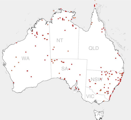 Fig. 1.  Map of community project sites, 1999–2012.