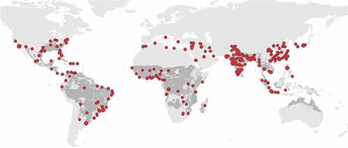 Figure 3. Cities and the distribution of the yellow fever mosquito. Predicted distribution of Aedes aegypti in 2015 (grey) and cities of over one million inhabitants (red). (Reproduced by kind permission of Dr Nick Golding, Curtin University, Perth, Australia).