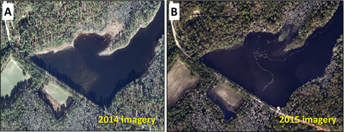 Figure 8. Natural color imagery of Davis Pond during 2014 LiDAR collection (A) and 2015 LiDAR collection (B) showing changes in pool level.