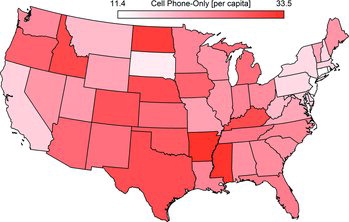Figure 4 Map of the estimated prevalence of cellphone-only adults in the United States by state in 2009. Darker colors indicate a higher percentage of the adult population living without land lines. Values range from 11.4% of the adult population in cellphone-only households in New Jersey to 33.5% in Arkansas. Source: Blumberg et al. (Citation2011).