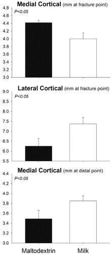 Figure 3. Differences in cortical thickness measurements for pigs receiving daily supplementation of 750 mL milk or isocaloric amount of maltodextrin (as mimic for sugar-sweetened beverage) for 11 weeks (Experiment 2, n = 6/group). Significance of the effect as p-value is indicated in the graph.