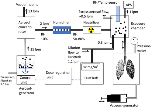 Figure 1. The experimental set-up for redispersion of the sampled rock and brake particles and delivery to the exposed rat lung via an exposure chamber.