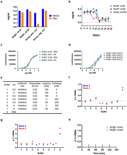 Figure 2. Stability characterization of RUBY v9 bsAbs. (a) Ability of the molecules to withstand shear stress determined by measuring A280 before and after rapid agitation. (b) Colloidal stability of the molecules was determined by incubating them at various PEG concentrations. (c) Molecules were incubated in human serum or BSA for seven days after which a dual ELISA was performed. (d) Molecules were incubated at various temperatures for up to two weeks and dual ELISA was performed thereafter. (e) Stability of the molecules in 8 different buffers was analyzed by incubation at 40°C for 4 weeks. Representative results of RUBY v9 #1 after SEC-HPLC analysis are shown for HMWs (f) and LMWs (g). (h) RUBY bsAbs were incubated at pH 3.5 up to 2 hours. SEC-HPLC analysis was performed after neutralization of the proteins at 30, 60, 90 or 120 minutes.