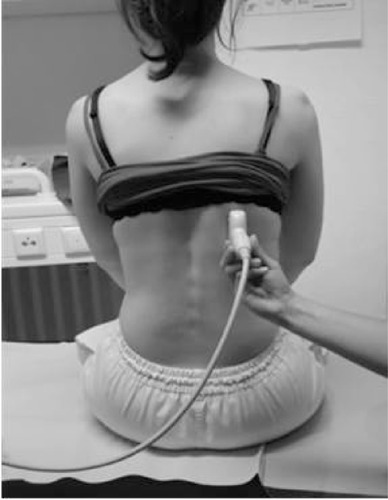 Figure 1 Sonographic measurement of the up- and downward movement of the lung silhouette – here on the right side.Notes: The patient is sitting; the transducer is placed at the lowest point of the lung silhouette in the scapular line. While the patient breathes as deeply as possible a video sequence is performed. Afterward the distance between maximal inspiration and maximal expiration can be measured.