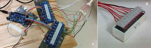 Figure 7. Experimental setup: A) arduino multiplexing, and B) 8-element ultrasonic transducer